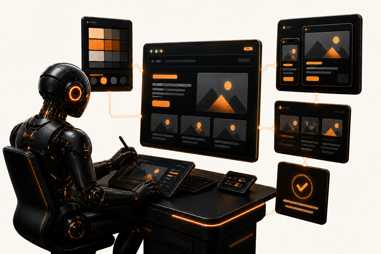 Robô designer criando um site profissional com painéis visuais de inteligência artificial
